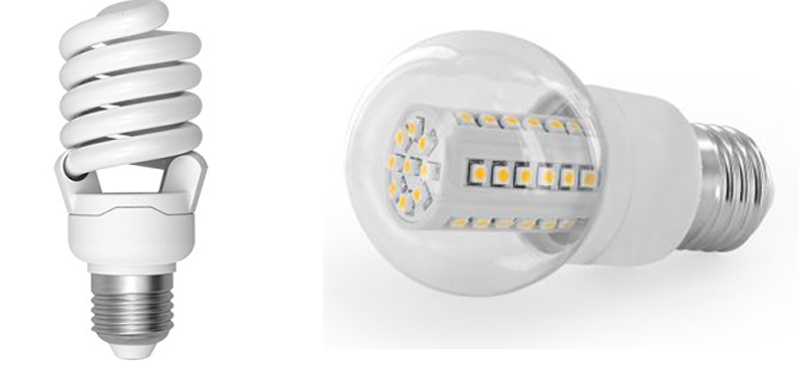 Spuldzes – luminiscences (no kreisās) un LED.