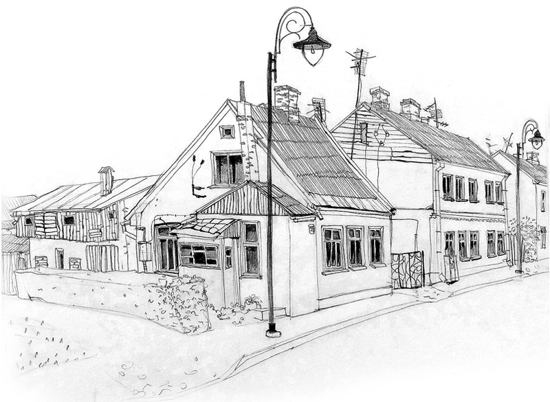 Bauskas ielas un nami D. Stafeckas zīmējumos no 2014. gadā veidotā mākslinieces albuma.
Autors: Gints Stafeckis
