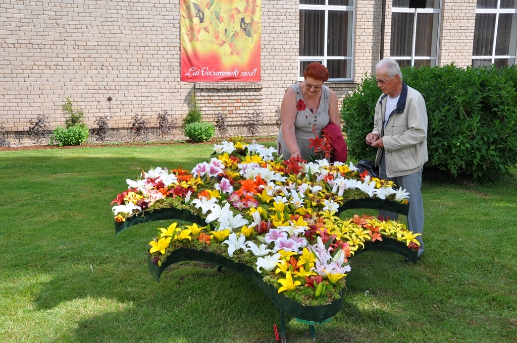 Lielās lilijas veidošanā pie tautas nama, ievietojot ziedus sagatavē, iesaistījās ar daiļdārza saimnieki Inese un Juris Strūbergi no Beibežiem. 
Autors: Žanna Zālīte