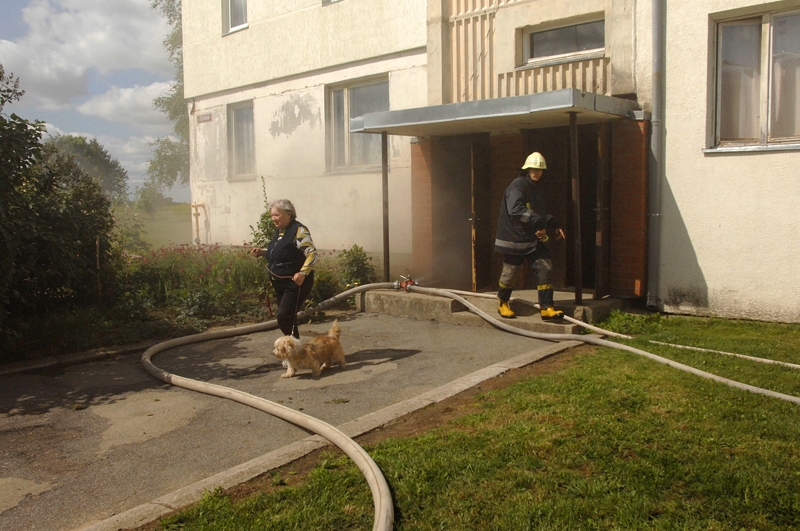 Ugunsdzēsēji no Bauskas likvidē piedūmojumu daudzdzīvokļu mājas pagrabā Rundālē. 
Autors: Ivars Bogdanovs