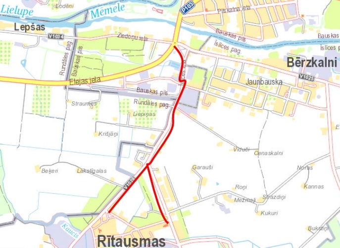 Gājēju un veloceliņa maršruts no Bauskas līdz Rītausmu ciemam. 
