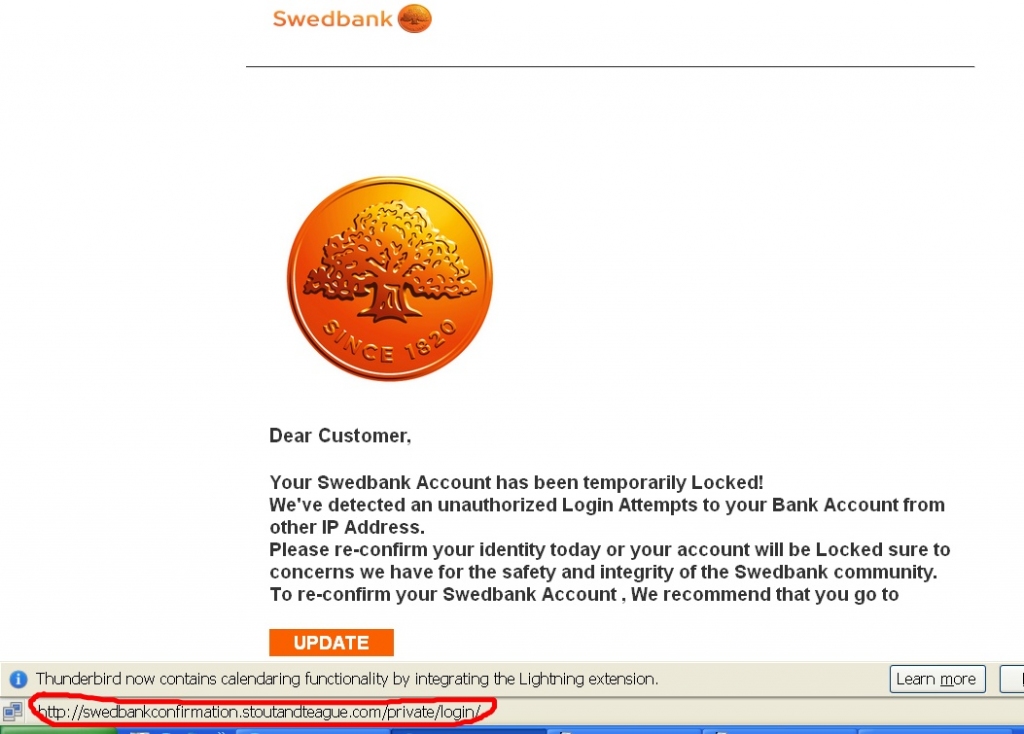 Viltus vēstule «Swedbank» vārdā. Pievērsiet uzmanību reālajai adresei kreisajā apakšējā stūrī. 