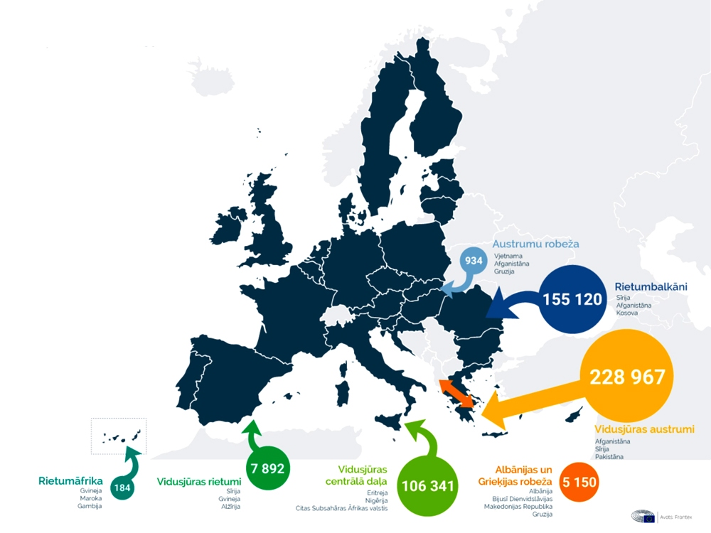 Bēgļu krīze. Nelegālu robežas šķērsošanas gadījumu skaits ES. 2015. gada jūlijs.
Autors: Avots: Frontex.