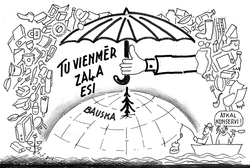 IR KATRAM ROKA JĀPIELIEK, LAI MŪSU ZEME ZAĻA TIEK! FAKTS: pēc nedēļas, 23. aprīlī, valstī izsludināta gadskārtējā Lielā talka, kuras devīze šogad ir «Latvijai BŪT zaļai!». 
Pavasara Lielā talka lieta valstiska un smalka./ Plaušas elpo svaigu gaisu, galva skaita drazu maisus./ Miķelis liek zāģi plecos, griezīs kokiem zarus vecos./ Citu mēslus neies lasīt, sabiras no grāvjiem kasīt./ Laika upē dienas grimst, drazu lietus neaprimst./ Simtgade vai pārsteigs mūs pašu mēslos slīkstošus?
Autors: Zīmējums – LAIMONIS ŠULCS, rīmes – DAINA ZIEMELE
