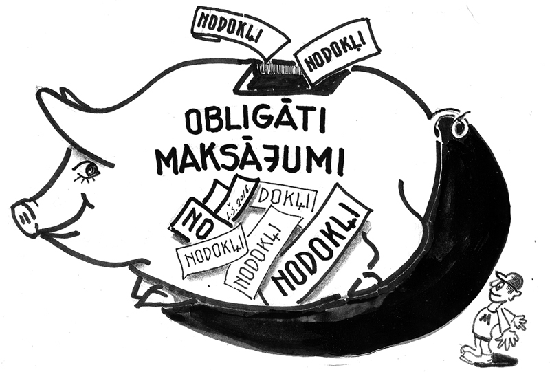 NAUDA PATĪK, NODOKĻI – NE. FAKTS: pašlaik valsts politika vērsta uz to, lai pēc iespējas vairāk paņemtu no tiem, kuri jau maksā nodokļus, taču legāli strādājošie uzņēmumi nespēj konkurēt ar ēnu ekonomikas darboņiem, kas no nodokļu nomaksas izvairās. («Latvijas Avīze»)
Ja rasot sāk budžeta logs, ir jāpaceļ nodokļu slogs./ Tā vieglāk, kā apkarot tos, kam paklupiens likumos./ Ēnas uzplaukst reizi gadā, jauniešus kad bosi vadā./ Ēnas, tās, kas valsti grauj, dienu dienā zeļ un plaukst./ Veikalā, kas Bauskas vidū, Miķelis grib redzēt VIDu./ Ikdienā tur, «eku- reku», aizmirst iedot pirkumčeku./ Varas izšķērdības tieksme zaudējusi mēra slieksni./ Pat godīgs uzņēmējs sāk prātot, kā nodokļlietas «labāk» kārtot.
Autors: Zīmējums – Laimonis Šulcs, rīmes – Daina Ziemele
