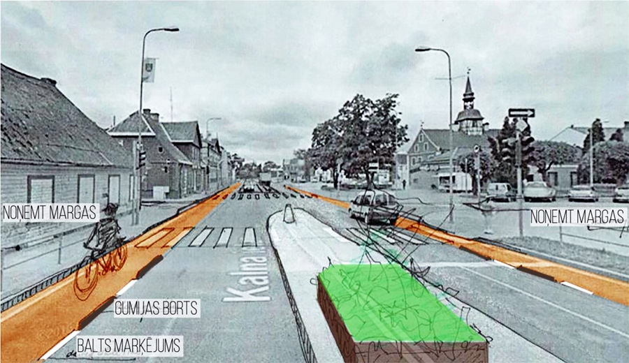 Kalna ielas brauktuvei Ilze Rukšāne drosmīgi piedāvā «atņemt» pusi transportam un atdot šo teritoriju gājējiem, velobraucējiem, ziedu un krūmu stādījumiem. 
Autors: no projekta prezentācijas