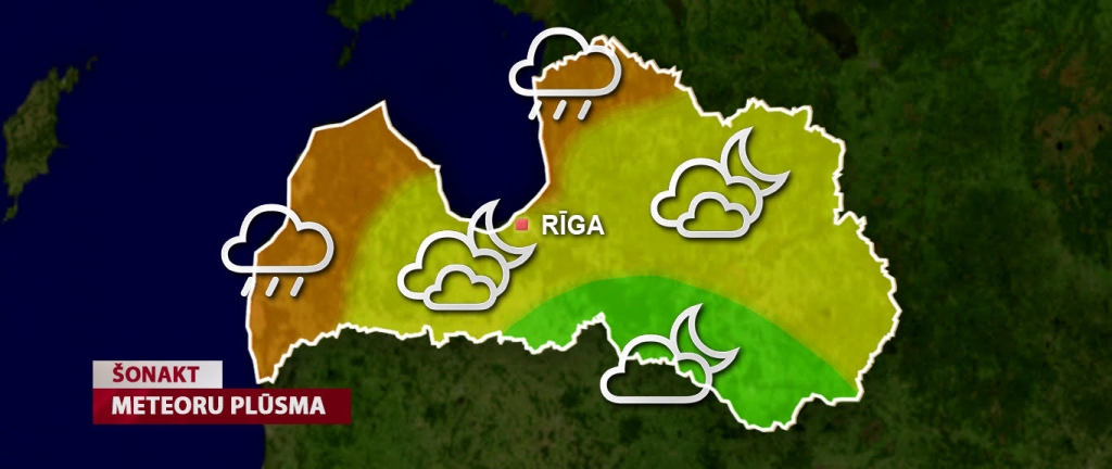Kartē zaļi iekrāsotajos reģionos mākoņu būs vismazāk, dzeltenajā zonā debesis bieži skaidrosies,  oranžajā daļā mākoņu dēļ redzamība būs slikta.
Autors: lsm.lv