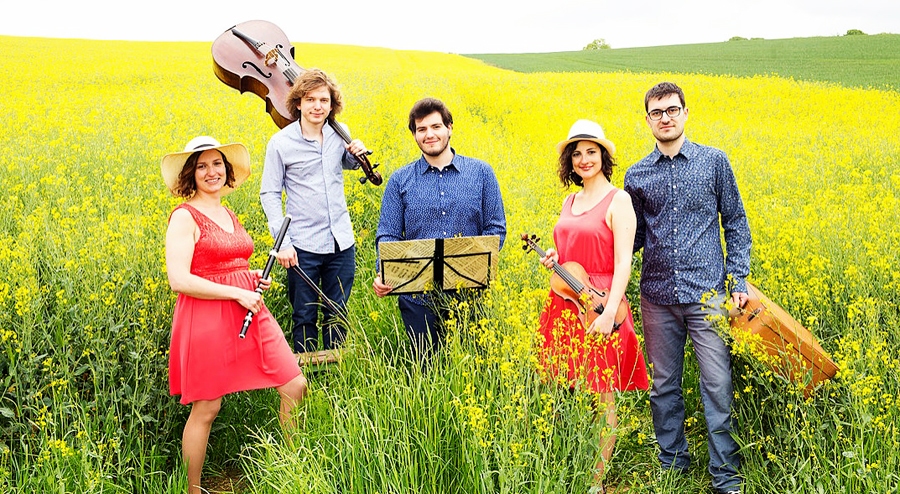 Ansamblis «Barroco Tout» – Karlota Garsia (no kreisās), Eduards Katalans, viestenors Pako Garsia, Izana Soria un Ganaels Šneiders.
Autors: publicitātes foto