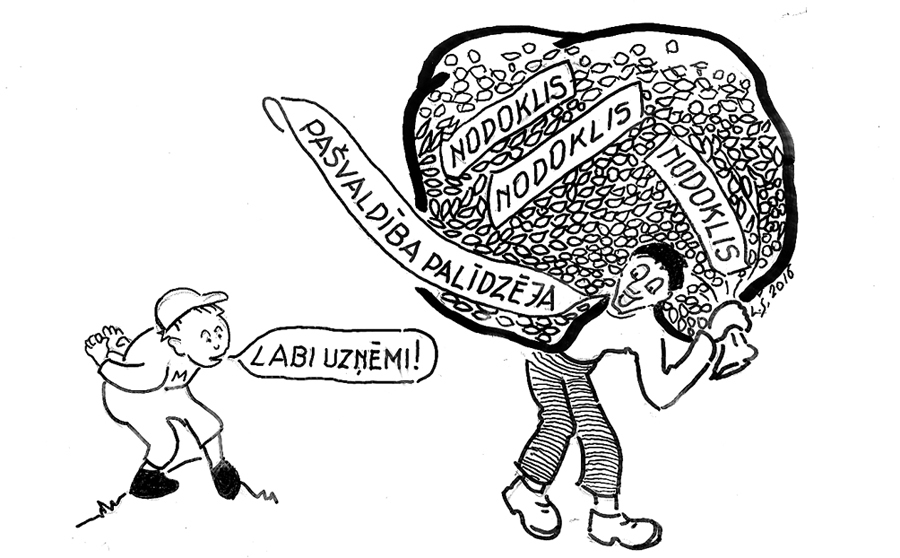 NODOKĻU PIEGRIEZTNES TRACINA DARBA DEVĒJUS. FAKTS: satraukumu sabiedrībā izraisījuši uzņēmējas Lindas Liepiņas izteikumi Latvijas Televīzijas raidījumā 1:1, apgalvojot, ka, piemēram, kontrolējošās iestādes uzņēmējus dzen izmisumā un amatpersonām var iedot kukuli, savukārt Saeimas Sociālo un darba lietu komisijas vadītāja Aija Barča (ZZS) Latvijas Radio atzinusi: «..ja uzņēmējs nespēj samaksāt par savu darbinieku, tad es nesaprotu, kas tas ir par uzņēmēju».
Visiem slikti, visiem slikti mana tēva zemītē./ Pedagogi naudu prasa, medicīna pagurusi./ Tiesībsargi manījuši – puse tautas neēdusi./ Uzņēmējam arī slikti, tas palicis pavēnī./ Aizmirsusi lēmējvara, kas naudiņu liedināja./ Varasvīri sadalīja, it kā paši pelnījuši./ Uzņēmēju bēdu stāstus uzklausījis Miķelītis:/ Visa vaina sistēmā, noteikumu mainībā./ Labākais, ko vēlēties, – valdība lai netraucē!
Autors: Zīmējums – Laimonis Šulcs, rīmes – Daina Ziemele