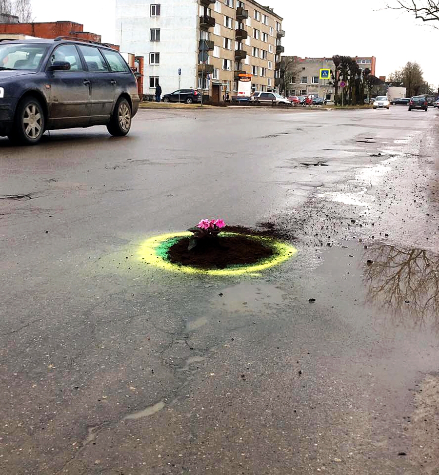 Dārza ielas brauktuves bedrē grupas «Audi Bauska» pārstāvji iestādīja puķi.
Autors: no «Audi Bauska» albuma.