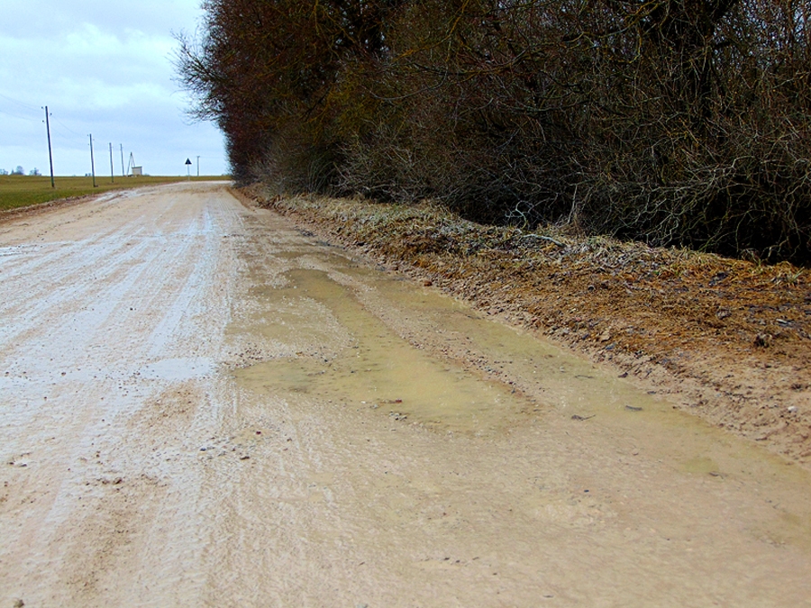 «Latvijas Autoceļu uzturētājs» darba metodes nav mainījis – ceļa bedrē ūdenī tiek sabērta grants, tai pārbrauc pāri greiders. Dienu, divas brauktuve šķiet līdzenāka, taču pēc pāris smagsvara auto pārbraukšanas un lietiem viss ir tāpat, kā bija.
Autors: Vilnis Auzāns