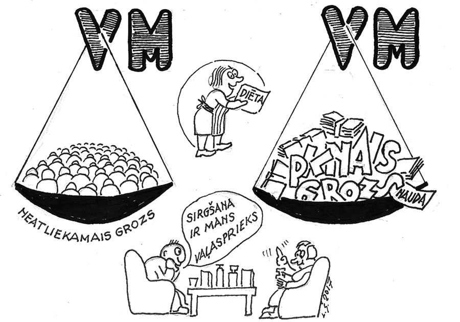 PRIEKŠLIKUMI IR, SKAIDROJUMU NAV. FAKTS:  nodokļu reforma un veselības aprūpes finansējums draud izraisīt valdības krīzi;  kaut gan priekšlikumu valdībai un partiju valdēm netrūkst, panākt vienprātību vēl nav izdevies. Veselības ministrija piedāvāšot divu veidu valsts veselības apdrošināšanas grozus, grūti saprotamus – dalīto un pilno.

Tur, kur liela nauda grozās,/ Izveicīgi džeki rosās,/ Eiro plūsmas virzītāji/ Goda prātā reizēm vāji./ Dažkārt neizpratnē sirdzējs/ Jūtas tā kā «Rimi» pircējs./ Pamani ja sirdij draudu,/ Sāc tik skaitīt makā naudu./ Medicīnas mil(i)joni/ Izčākst nemanot, ar joni,/ Jādomā, kā veselību/ Nosargāt ar likumību./  Būšot divu tipu grozi,/ Varbūt izvilks īsto lozi?/ Miķeli gan šaubas māc,/ Nesaprot vēl jēgu prāts.
Autors: Zīmējums – LAIMONIS ŠULCS, rīmes – DAINA ZIEMELE