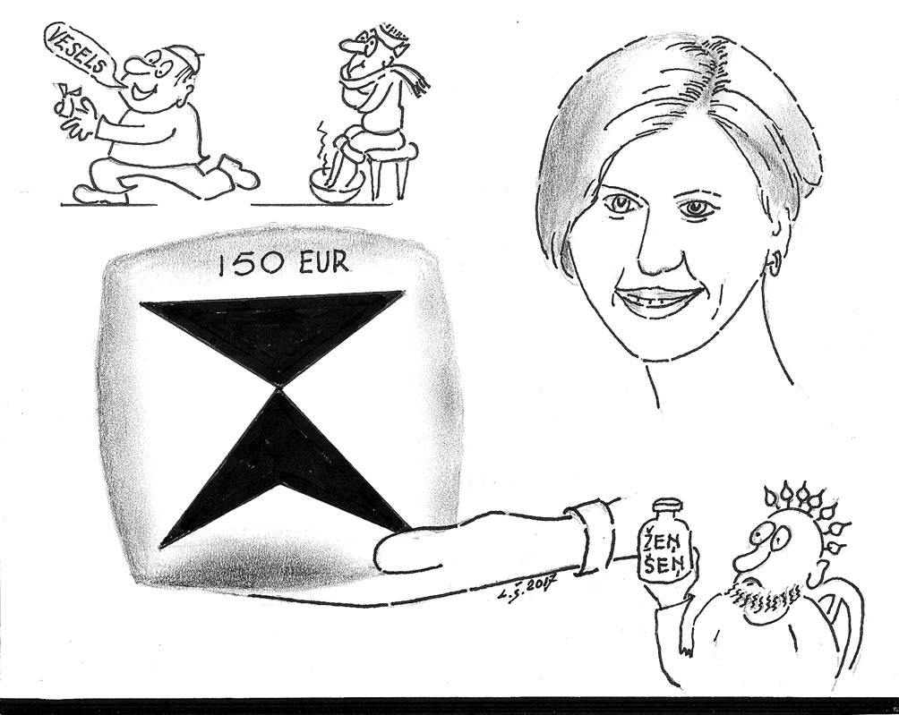 KURŠ KURU? FAKTS: valdība nepiekāpjas, streiks turpinās, mainot formu, kas ilgšot līdz 1. oktobrim un tagad saucams par modificēto streiku, kad ģimenes ārsti dienā pieņem 20 pacientu un neveic pieaugušo profilaksi.
Miķelim ir saprast grūti,/ Kaut vai viņu skolā sūti,/ Kāpēc streiku tēlo ārsti,/ Vai tik drūmi viņu stāsti?/ Sistēma nav sakārtota,/ Naudas plūsmai vaļa dota,/ Kur tā paliek? – jautājums/ Miķelim un visiem mums./ Naudu nesola «pa lielam»/ Algā pielikt «katram vienam»,/ Toni noteiks ministrija,/ Kvalitātes kritēriji./ Bet, ja neveiksies, kā cerēts,/ Laikus tas ir ieprogrammēts –/ Sociālais nodoklis/ Medicīnai puteklis,/ Budžets smagi vaid un sten,/ Glābējriņķis – pē-vē-en.
Autors: Zīmējums – Laimonis Šulcs, rīmes  Daina Ziemele