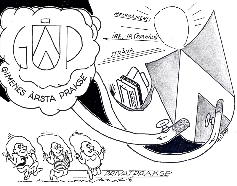 PAŠVALDĪBĀM PLATI PLECI. FAKTS: Veselības ministrija «atklājusi», ka primārā veselības aprūpe ir vistuvāk pašvaldības cilvēkiem, un likusi manīt, ka tām varētu nodot ģimenes ārstu prakses.
Pakrūtē dur, un galva smaga kā maiss,/ Ģimenes ārsts tad vistuvākais./ Kas laukos sen jau zināms mums,/ Šķiet, varai tas ir atklājums./ Zem vietvaras jumta ģimenes ārsts,/ Tāds Čakšas nākotnes ieceru stāsts./ Tur ielāps būs sistēmai brūkošai,/ Miesai slimai un veselai./ Miķelis zīmē rītdienas ainu,/ No visiem stūriem brīnumainu:/ Vēl skola, pasts un aptieka ar’,/ Un tiesa, un cietums iespiesties var./ Pats noziedznieks sevi attaisnot sāks,/ Taisnības vietā viltība nāks,/ Par kņazistēm pamazām novadi taps,/ Vienotai valstij paredzams krahs.
Autors: Zīmējums – Laimonis Šulcs, rīmes – Daina Ziemele
