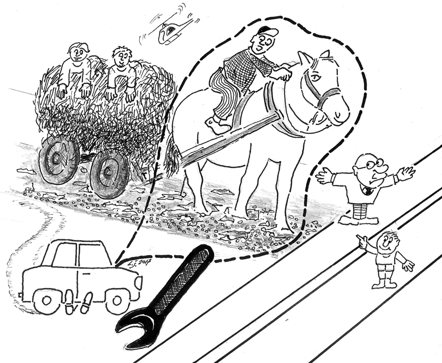 LABOS VAI SLĒGS? FAKTS: nebeidzamās lietavas izmērcējušas tīrumus, pļavas, dārzus un izšķīdinājušas grantsceļus, bet rudens mirgoņa vēl priekšā.
Rudenī kā riebeklis/ Klāt ir atkal smidzeklis./ Ūdeņi uz ceļiem krājas,/ Grants ar dubļiem sarunājas./ Šitā bedre Miķelim,/ Dziļākā būs šoferim,/ Kas ar smagu kravu brauc,/ Ceļus pamatīgi jauc./ Uzņēmējs ar smagu sirdi/ Negrib pieņemt to, ko dzirdi,/ Turpināsies šitais «bordel’s»,/ Glābt var tikai helikopters./ Lielās gudrais rīdzinieks –
/ Zemkopji nav viņa prieks./ Domu spārnotu viņš nes:/ Grantsceļiem nav nākotnes,/ Pilsētām redz perspektīvu,/ Laukos reti kurš vairs dzīvos.
Autors: Zīmējums – Laimonis Šulcs, rīmes – Daina Ziemele