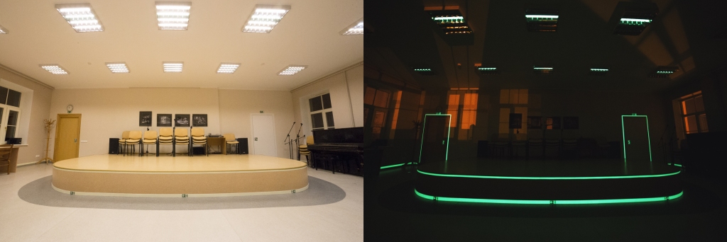 Evakuācijas norādes. Var skatīt, kā tās pamanāmas tumsā.
Autors: No albuma.