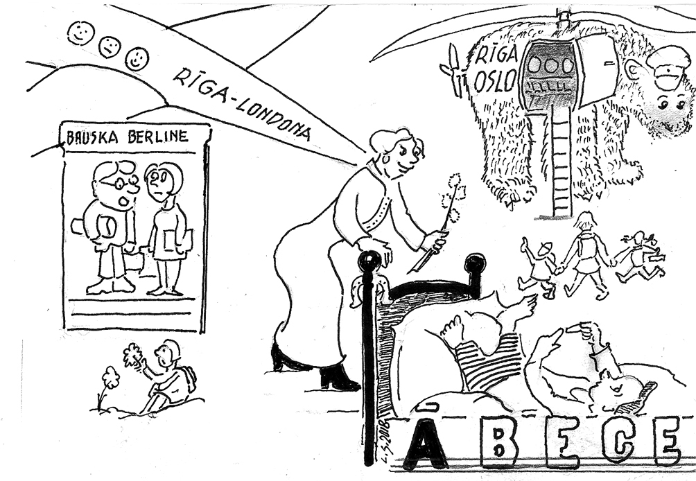 NEREDZAMIE BĒRNI. FAKTS: mācību iestādēs katastrofāli trūkst skolojamo, bet vairāk nekā 17 tūkstoši obligāto izglītības vecumu sasniegušo bērnu ir ārpus skolas. 
Skolas solos lieli robi,/ Nelīdz lūgumi, nedz sodi,/ Bērnus rausta, kā nu māk,/ Lai tik manā skolā nāk!/Atklājas, mums bērnu daudz,/ Nav tik, kas tos kopā sauc,/ Īsti nezina neviens,/ Kāds ir viņu izgājiens./ Bērnu interešu sargi,/ Nereti līdz mielēm bargi,/ Palaiž mežā mazu zēnu,/ Pazūd ģimenes ar bērniem./ Sistēmā, kur nauda valda,/ Cilvēki kā mežā maldās,/ Zudis cilvēcības faktors,/ Tikai papīri un dators.
Autors: Zīmējums – Laimonis Šulcs, rīmes – Daina Ziemele