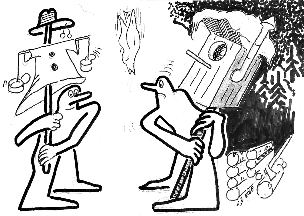 ZIEMAS AGONIJA. FAKTS: solīts, bet negaidīts Latvijā bija atnācis gandrīz divas nedēļas ilgs stindzinošs sals.
Tas vēl nav pasaules gals,/ Kad deguna galā kniebj sals,/ Dzestrumā turamies svaigi,/ Sārtojas ausis un vaigi./ Miķelis nebaidās sniega,/ Skaņa no ielas nāk liega:/ Kā «slotas operators»/ Nu strādā minitraktors./ Skursteņi kūp un elpa,/ Vilina silta telpa,/ Kaulos kam rūdījums krājies,/ Slēpēs vai slidās auj kājas./ Zīlīte salušu ābolu knābā./ Strādā, putniņ, nosalsi badā!/ Kauja ar tumsu, rau, sen jau galā,/ Pavasar’s šūpojas saules starā.
Autors: Zīmējums – Laimonis Šulcs, rīmes – Daina Ziemele