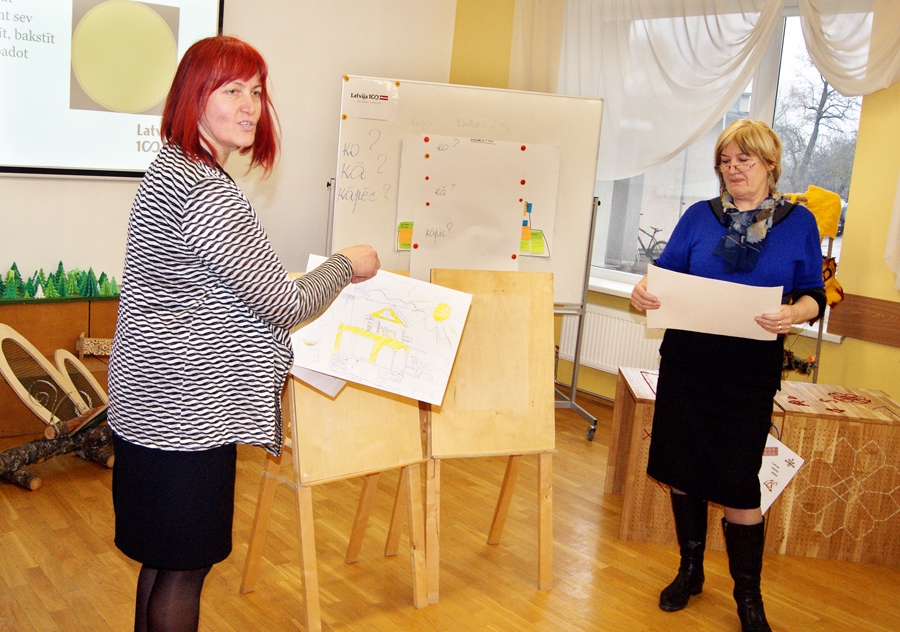 Daiga Sējēja (no kreisās), Bauskas pilsētas pamatskolas skolotāja, salīdzina ar Uzvaras vidusskolas skolotāju L. Būmeistari grupas darba rezultātu.
Autors: no albuma