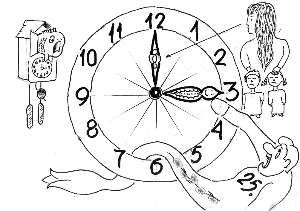 DABAS RITMI NECIEŠ LABOJUMUS. FAKTS: naktī no sestdienas uz svētdienu, 25. martu, pāreja uz vasaras laiku, pagriežot pulksteņu rādītājus stundu uz priekšu, kas daudziem cilvēkiem atkal sagādās nepatīkamas izjūtas. Eiropas Padomes deputātu pieņemtā rezolūcija aicinājusi Eiropas Komisiju izvērtēt ziemas un vasaras laika maiņas lietderību.
Lieldienu zaķis bēdīgs šķiet,/ Prognozes satrauc mazuliet./ Pavasaris nebūšot maigs,/ Kaut pulkstenim vasaras laiks./ Laikrādi šurpu turpu griež,/ Miķelis sevī gudri spriež:/ Saulīte laikā lec un riet,/ Turi to vai neturi ciet./ Maiņas radībai ritmu jauc,/ Lieliem un maziem kreņķu daudz,/ Galvas sāpes un nogurums –/ Ekonomiskais ieguvums./ Nevajag regulēt laiku,/ Viss aizies ierasto gaitu:/ Ja kādam vēl «resursu» trūks,/ No nabaga viltīgi plūks.
Autors: Zīmējums – Laimonis Šulcs, rīmes – Daina Ziemele