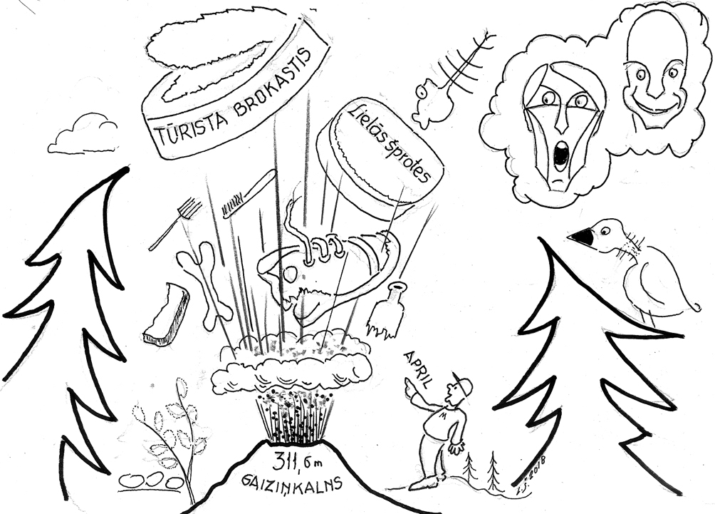 SMEJIES VESELS! FAKTS: 1. aprīlis kopš 16. gadsimta pazīstams kā Joku diena, kad ar cilvēkiem mēdz izspēlēt dažādus jokus un blēdības, tā pazīstama arī kā Smieklu diena, un smiekliem ir veltīta īpaša zinātnes nozare getoloģija; pierādīts, ka viena minūte sirsnīgu smieklu aizstāj pusstundu ilgu atslābināšanās treniņu.
Lieto dažs kā paroli –/ Skaistums izglābs pasauli./ Miķelis pauž – tie ir nieki,/ Cilvēci glābs tikai smiekli./ Kur vēl atrast tādu stiķi,/ Kādu pamet politiķi,/ Aiz smiekliem nevarēju,/ «Panorāmu» nokavēju./ Ja tev katlā piedeg putra,/ Regula tev nešķiet gudra, smejies./ Makā iemeties ja tukšums,/ Skatot rēķinu, māc mulsums, smejies./ Jubilejā apsveikums/ Izrādīsies noziegums, smejies./ Ja tev iedod «aprīli», smejies,/ Smiekli izglābs pasauli!
Autors: Zīmējums – Laimonis Šulcs, rīmes – Daina Ziemele