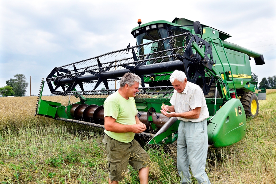 Codietis Uldis Purvišķis (no labās) ar dēlu Raiti apsver, kāds mitrums būs tikko nokultajiem rapšiem.
Autors: Ivars Bogdanovs