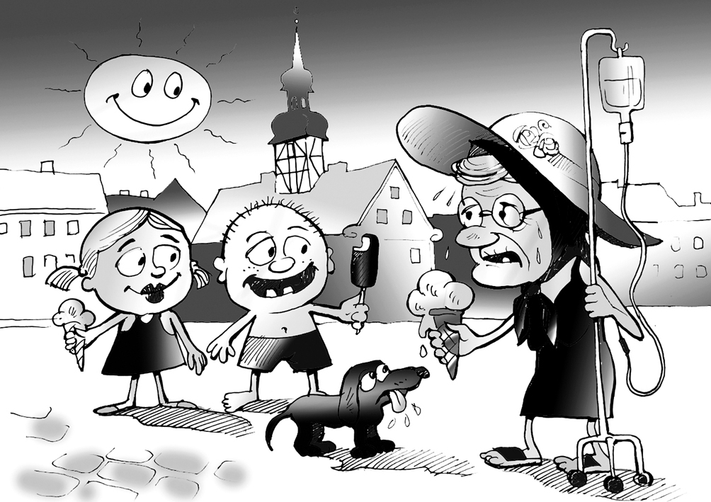 NEDAUDZ PACIETĪBAS, UN VASARA BŪS GALĀ. FAKTS: Latvija piedzīvo mūsu platuma grādiem neraksturīgi karstu un sutīgu jūliju, un sinoptiķi svelmei vēl neparedz beigu.
Staigā, guli kaut vai pliks,/ Nekur labāk nepaliks,/ Trīsdesmit un vairāk grādu/ Tveicē smadzenes un ādu./ Kāds jau domās piesauc salu,/ Pareģoņi – pasaul’s galu./ Sausums, karstums, uguns mēles,/ Piesūkušās tā kā dēles,/ Posta Dzintarzemi zaļo,/ To, kur festivāli palo./ Miķelis lūdz – esiet rāmi,/ Dabas plāni nezināmi,/ Ejiet saulē, ūdens klaidā,/ Gaisa versmi vērtiet smaidā!/ Rudens prasīs spēka daudz,/ Zaudēs tas, kas pieri rauc.
Autors: Zīmējums – Vilnis Bulavs, rīmes – Daina Ziemele