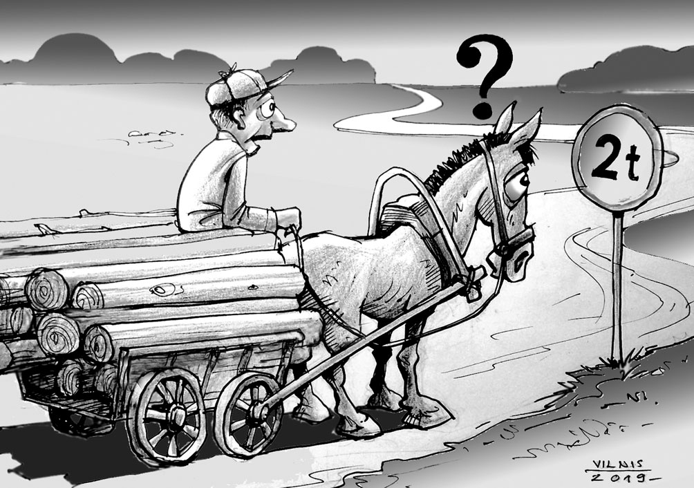 LAUKU CEĻI GAIDĪŠANAS REŽĪMĀ. FAKTS: pašvaldības novadu pagastos noteikušas transporta masas ierobežojumus uz šķīdoņa izmērcētajiem grants ceļiem, kas kļuvuši gandrīz neaizbraucami arī vieglajām automašīnām; brauktuvju sargāšana no pilnīgas izjukšanas gan ierobežo mežkopju un citu uzņēmēju darbību.
Runā «saskaņiete» mundra,/ Rīga būvēta uz kūdras,/ Tāpēc asfalts centra ielās/ Neturoties savās vietās./ Ko domāt mums uz laukiem,/ Peld brauktuves virs taukiem,/ Ja jau ceļu tīklojumu/ Novērtē kā sabrukumu?/ Miķelis rok stipri dziļāk,/ Kādēļ gan tik greizi sanāk,/ Pieaugums no I-Kā-Pē/ Tikai tiem, kas virsotnē./ Kas pa tēvu zemi staigā,/ Nēsā rūpju rievas vaigā./ Zemnieks, uzņēmējs, kas ražo,/ Ceļa zīmes bažīgs vēro,/ Ja šo postu neizbēgs,/ Ne vien ceļus – valsti slēgs!
Autors: Zīmējums – Vilnis Bulavs, rīmes – Daina Ziemele