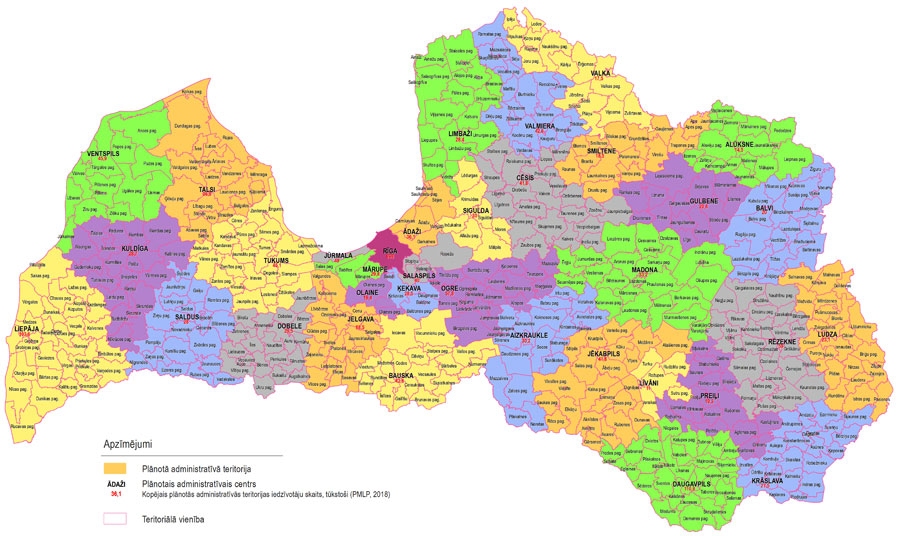Vides aizsardzības un reģionālās attīstības ministrijas (VARAM) piedāvātā administratīvi teritoriālās reformas karte ar jaunajiem administratīvajiem centriem.  Ar vienu krāsu apzīmētas blakus esošas pašvaldības, kuras tiek piedāvāts apvienot (izņēmums – daļu Ķekavas novada teritorijas paredzēts pievienot Olaines novadam).
Autors: VARAM
