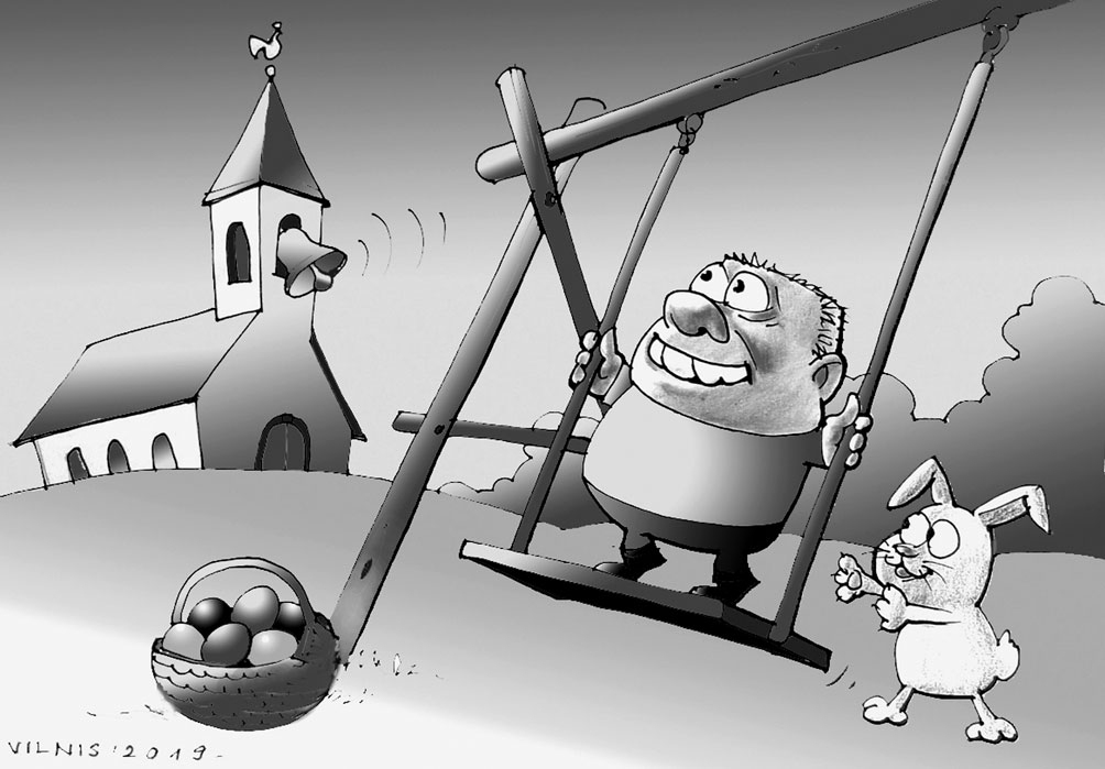 MOSTAMIES! FAKTS: Lieldienas tiek svinētas kā Kristus augšāmcelšanās svētki vai kā pavasara saulgrieži, kad diena kļūst garāka par nakti. Lielās dienas gaidīšana aizsākās ar Kluso nedēļu, un šogad tā noslēdzas 21. aprīlī, Lieldienās.
Baznīcas ar rīta zvaniem/ Atgādinās tuviem, tāliem –/ Pagājis ir sāpju cēliens,/ Dieva Dēls ir augšāmcēlies./ Miķelis kā sendienās/ Latviskajās Lieldienās/ Rauga vietu šūpotnēm/ Pāri koku galotnēm./ Īrijā, kur mūsbrālīši,/ Lielā māju tīrīšana,/ Lieldienrītā «siļķu bēres»,/ Izbeidzies kad gavēnis./ Katram sava Liela diena,/ Izvēle nav vienīgviena:/ Bauskā gaidāms vimbu tracis,/ Codē – olu jampadracis.
Autors: Zīmējums – Vilnis Bulavs, rīmes – Daina Ziemele