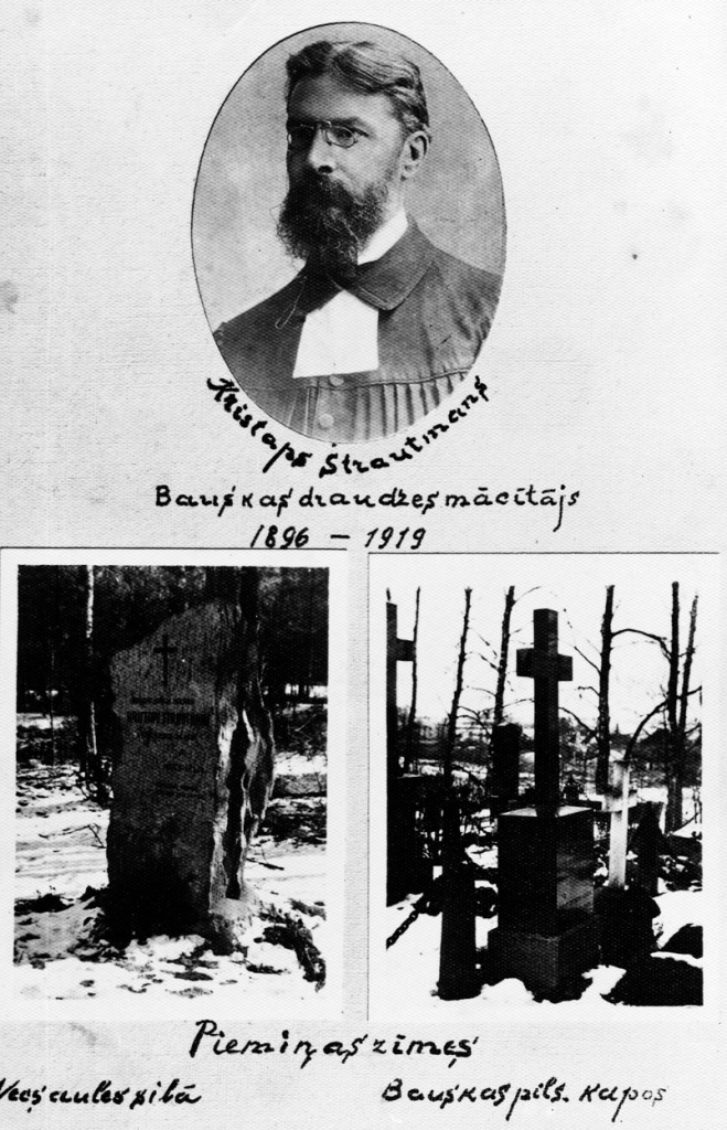 Piemiņas atklātne mācītājam Kristapam Strautmanam ar pieminekļiem viņa noslepkavošanas vietā Likvertenos un Bauskas vecajos kapos. 20. gadsimta 30. gadi.
Autors: no Bauskas muzeja krājuma