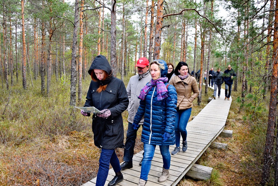 Mūsas tīreļa taku testē projektā iesaistītie pašvaldību un tūrisma jomas speciālisti.
Autors: Ivars Bogdanovs