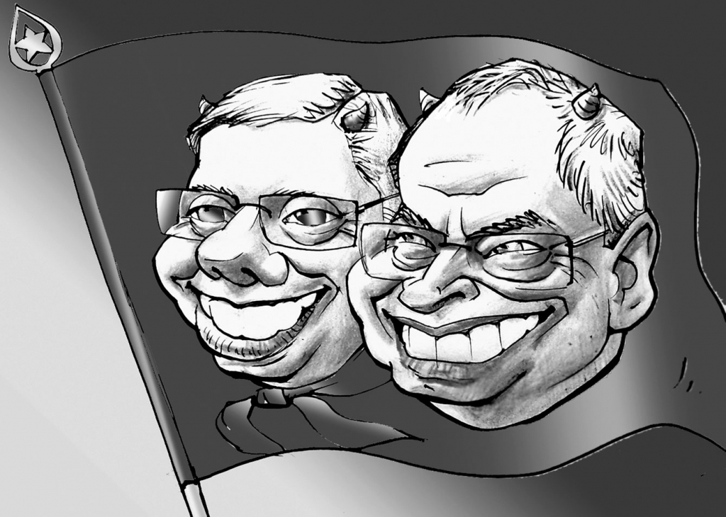 Nils Ušakovs un Andris Ameriks kā Blaumaņa «Velniņi» –, trikus Rīgā sataisījuši, laižas uz Briseli.
Autors: Vilnis Bulavs