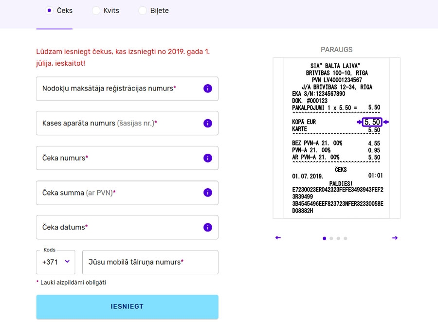 Čeku loterijas mājaslapā cekuloterija.lv, ievadot nepieciešamos datus, labajā pusē skatāmas četras skaidrojuma versijas, kur tos čekā atrast. Iespējams ievadīt arī kvītis un biļetes.
Autors: Ekrānšāviņš no cekuloterija.lv