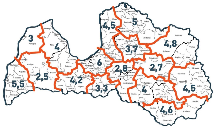 Maršrutu tīkla teritoriālais sadalījums lotēs no 2021. līdz 2030. gadam.
