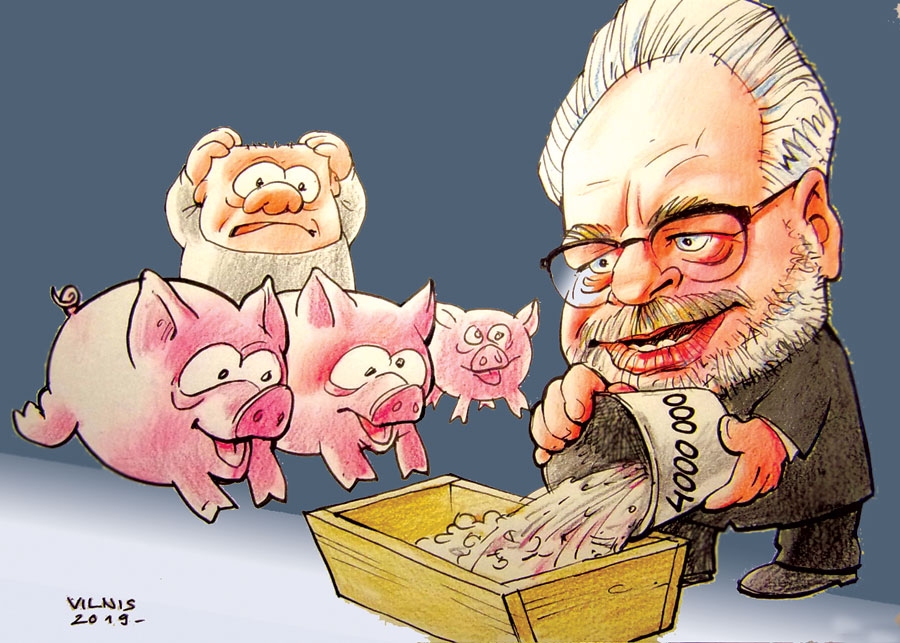 NAUDAS – KĀ SPAĻU! FAKTS: līdzko prezidents Egils Levits ieminējās, ka partijas būtu dāsnāk jāfinansē no valsts budžeta, lai tās kļūtu godīgākas, uzreiz valdībā atradās pieci miljoni eiro, ko vēlāk gan kautrīgi samazināja uz četriem miljoniem; ignorēta partijveidīgo grupējumu atšķirīgā attieksme pret valsti un pat Latvijas neatkarību. 
Miķelis joprojām šokā,/ It kā iesēdināts dronā,/ Prezidenta pirmais gājiens/ Varai nepārprotams mājiens –/ Partijas laiks mazgāt baltas,/ Nežēlojot lielas naudas./ Atsaucīgs ir premjers Kariņš,/ Partijām jau uzklāts galdiņš,/ Norādīts, kur katra sēdēs,/ Cik no tautas naudas tērēs./ Lēmums top uz karstām pēdām,/ Četri miljoni – bez bēdām,/ Pārdomām laiks netiek dots,/ Liekas, sen viss izskaitļots./ Izdarīts ir secinājums,/ Miķelim kā piedziedājums:/ Ārstiem trūka, māsām trūka,/ Partijām nepietrūka.
Autors: Zīmējums – Vilnis Bulavs, rīmes – Daina Ziemele