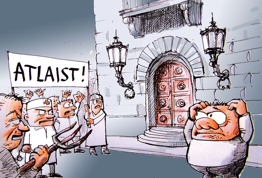 KAS NOBENDĒS SAEIMU? FAKTS: saviļņojusies  tauta krustu šķērsu prasa parlamentu atkāpties un cits pēc cita vāc parakstus, lai panāktu referendumu par Saeimas atlaišanu, taču aizvien vairāk kļūst apdomīgi atturīgo.
Miķelis atkal saķer galvu,/ Cik mums Latvijā Saeimu!/ Vienu atlaist mediķi prasa,/ Otrai balsis vāc sveša masa,/ Stāv pašvaldības rindā/ Reformas baiļu dvingā./ Kāds atsaucas – pareizi dara,/ Tikai tautai te pieder vara!/ Tie, kas ar vēsu prātu,/ Nelaužas valdības vārtos,/ Taurētāji neviešot cerību/ Rast citā Saeimā ko derīgu./ Gobzems sit lepni  pie krūts –/ Pie teikšanas ilgi nav būts –/ Jūs vēl redzēsiet! Es nākšu/ Ar mačeti un dakšu!
Autors: Zīmējums – Vilnis Bulavs, rīmes – Daina Ziemele