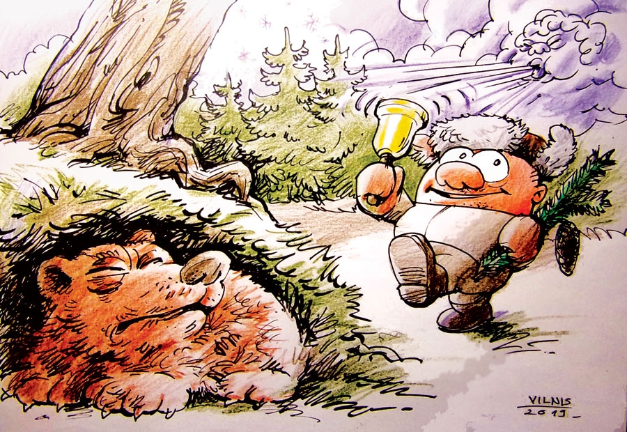 LĪDZSVARS JĀMEKLĒ SEVĪ! FAKTS: dumpojas daba un cilvēki, pēc iekšpolitiskajiem un ārpolitiskajiem satricinājumiem, kas koncentrējušies tieši pie gada izejas durvīm, miera nav ne valdībā, ne Saeimā, un sicīliešu melodijā vārdi «Kristus ir dzimis, viss ienaids rimis» plašākā nozīmē arī šajos Ziemassvētkos skanēs tikai vēlējuma izteiksmē.
Domā šodien, domā rīt,/ Kur tos svētkus iebīdīt,/ Haoss Ventspilī un Rīgā,/ Nemierīgs pat lācis migā./ Rietu vēji lietu nes,/ Plosa sniega mežģīnes,/ Ziemassvētku noskaņas/ Egles zarā karājas./ Miķelis ar gara spēku/ Pieveic miglas karaspēku,/ Padomu viņš allaž dos,/ Šaubas sabirs putekļos –/ Darba drānas malā liec,/ Ziņu gūzmu neaiztiec,/ Ieraudzīsi gaismas staru,/Iezvanīs kad svētvakaru!
Autors: Zīmējums – Vilnis Bulavs, rīmes – Daina Ziemele