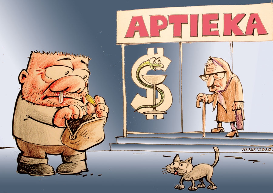 ZĀĻU CENU POLITIKA VĒL NĀKOTNES IZTEIKSMĒ. FAKTS: iedzīvotāju sašutums par zāļu dārdzību ir sadzirdēts, un, izskatot kolektīvo iesniegumu «Par zāļu un medikamentu PVN samazināšanu līdz pieciem procentiem», ko parakstījuši 10 522 pilsoņi, Saeima uzdevusi Ministru kabinetam sagatavot koncepciju par zāļu finansiālo pieejamību, kas Saeimai jāiesniedz līdz š. g. 1. jūnijam. Latvijā PVN zālēm ir viens no augstākajiem Eiropas Savienībā – Lietuvā pieci, Igaunijā deviņi procenti, Latvijā 12 procentu.
Aptiekās guļ apzeltītas/ Mazas zāļu tabletītes,/ Tantuks skaita eirocentus,/ Zāļu biznesiņš lai zeltu./ Tautā runā – farmācija/ Attīstīta industrija,/ Tajā iesaistīti slāņi,/ Plašām masām nezināmi./ Varbūt tāpēc zāļu lietas/ Gadiem nekustas no vietas,/ Tuvo kaimiņvalstu piemērs/ Naudaskāriem sirdis nevērs./ Miķelis ar varītēm/ Seko savām receptēm,/ Rēķinu par drapēm dzēsīs,/ Nedomās, ko rītā ēdīs.
Autors: Zīmējums – Vilnis Bulavs, rīmes – Daina Ziemele