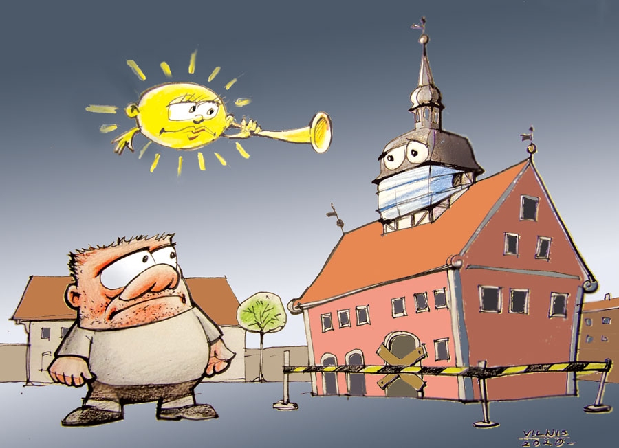 TUVĀK. FAKTS: maijs ir svētku un atceres dienu mēnesis; svarīgākā –  4. maijs, Latvijas Republikas neatkarības atjaunošanas 30. gadskārta.
Cik nesen, svētkus gaidot, patērētāju noskaņās gribējām zināt, ko mums atkal piedāvās, un piepeši – vairs nekā. Nu katra paša varā svētkus radīt. Pietuvināti, atšķirībā no agrākiem, nereti izjūtās un vēlmēs attālinātiem. Brīves mazais vārdiņš «par»/ Atmiņās vēl sirdi skar,/ Jubileju maijā salnā/ Tikai karogus vējš planda./ Aizturētie svētki rūgst,/ Tautai emociju trūkst,/ Divi metri, Latvija,/ Mīlestības latiņa!/ Prāto Miķelis aiz žoga,/ Skumjas noskaņas kad zogas –/ Rātes nama smailā tornī/ Svētkos uzdotu ja toni,/ Bausku skautu melodijas,/ Tautas dziesmas, rapsodijas./ Savu Tēvzemi ja jūti,/ Mīlēt to nekad nav grūti.
Autors: Zīmējums – Vilnis Bulavs, rīmes – Daina Ziemele