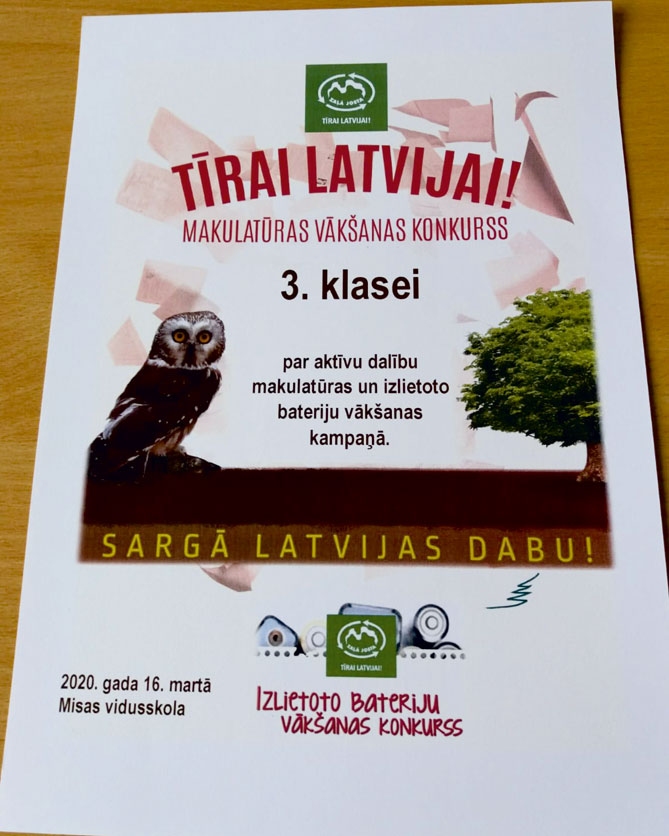 Diploms Misas skolas 3. klases audzēkņiem par aktīvu dalību bateriju vākšanā.
Autors: no Misas vidusskolas arhīva