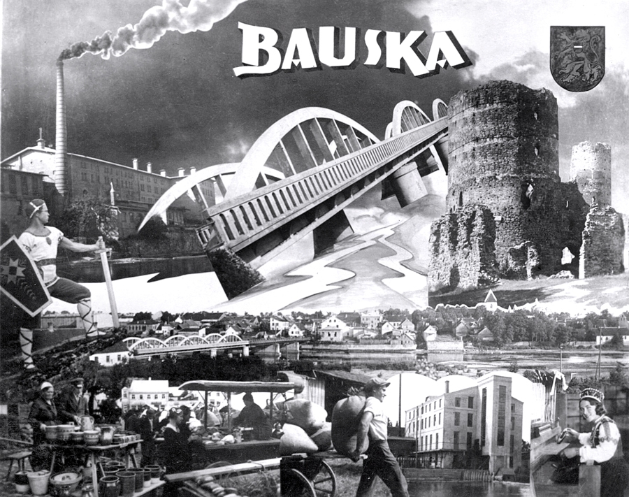 Fotogrāfa Kārļa Grīnberga fotokolāža par Bausku – tūrisma pastkarte, 1930. gadi.
Autors: no Bauskas muzeja krājuma.