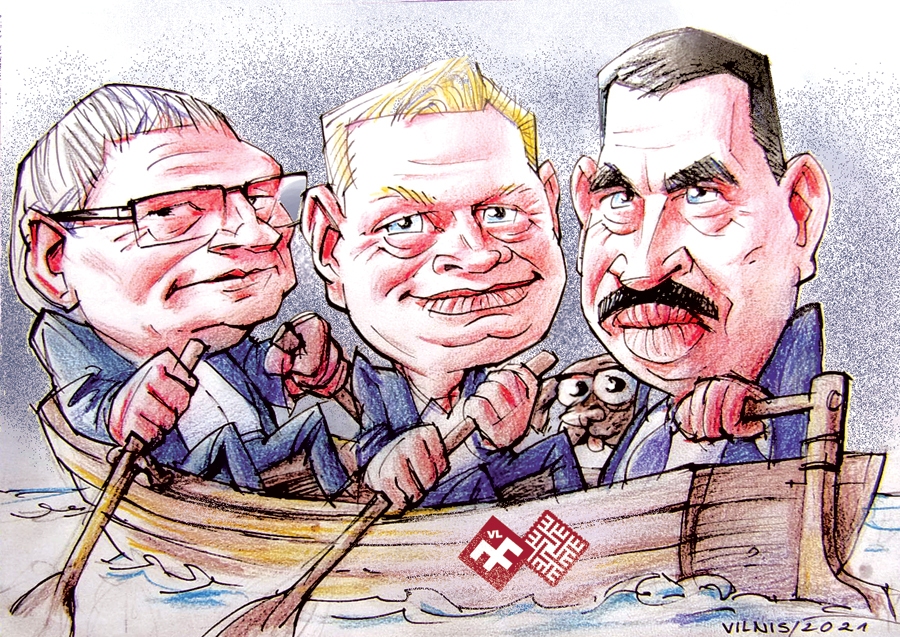 Triju novadu pašreizējie priekšsēdētāji Aivars Okmanis, Aivars Mačeks un Arnolds Jātnieks nu ir iekāpuši vienā laivā. Kaut gan - Rundāles un Iecavas vadītāji pirms tam iesnieguši prasību Satversmes tiesā, jo uzskatījuši, ka šos novadus Bauskai nevajag pievienot.
Autors: Zīmējums - Vilnis Bulavs