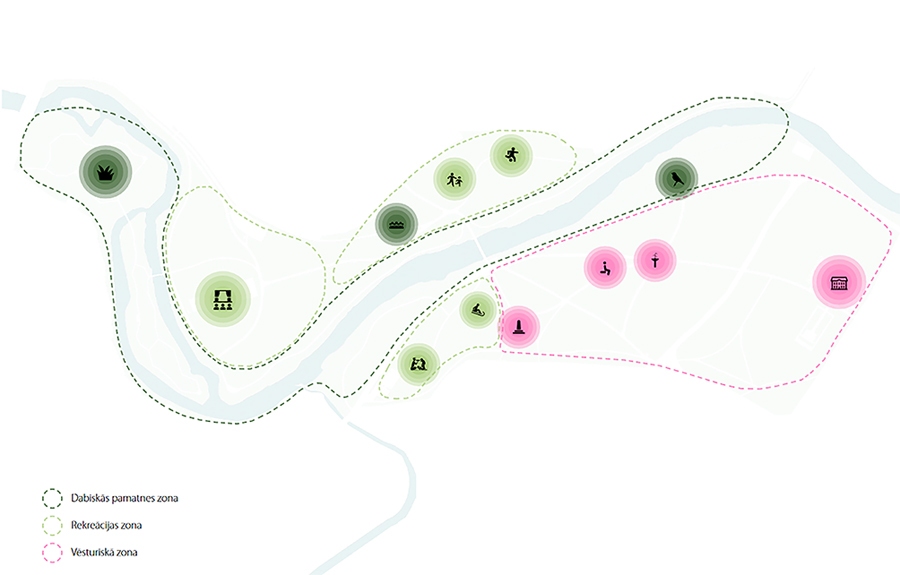 Iecavas parka attīstības koncepcija ietver trīs zonas – dabisko, rekreācijas un vēsturisko.
Autors: no Iecavas parka attīstības koncepcijas.