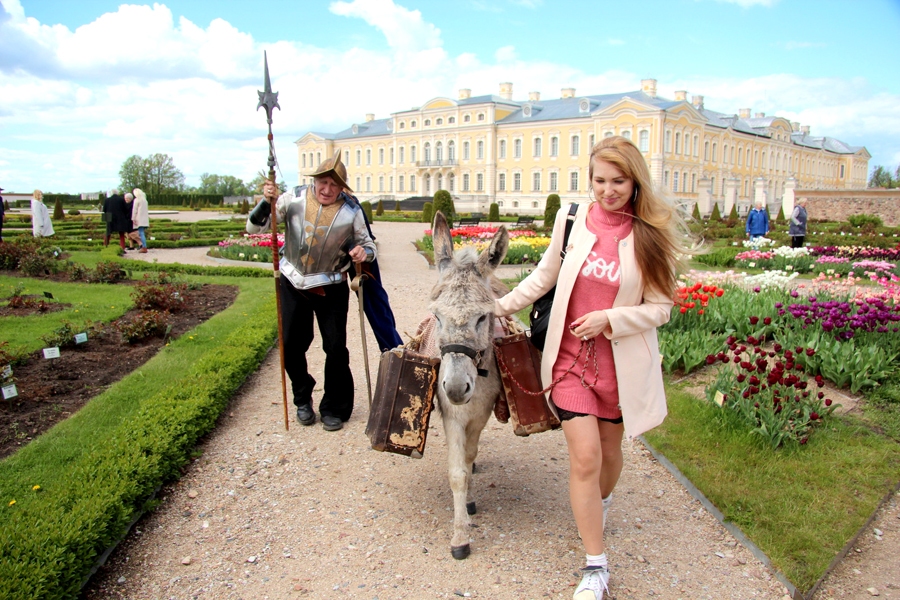 Bruņinieks Jānis Briedis kopā ar meitu producenti Ludmilu Emīliju Briedi Rundāles pils dārza reibinoši skaisto, neparasto tulpju
ielenkumā filmas «Operetes sargs» filmēšanā. Ēzelīte Sāra uzvedās pieklājīgi un nemēģināja ziedus nogaršot.
Autors: INGRĪDA PUNKA