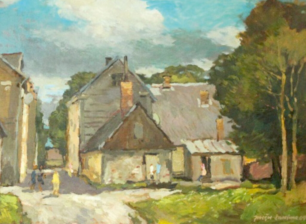 Jurģis Skulme. Bauska. Mājas Mēmeles krastmalā. 2009. Kartons, eļļa. 70 x 99 cm. Autora ģimenes īpašums. Strautnieku iela, skats no Mēmeles puses.
