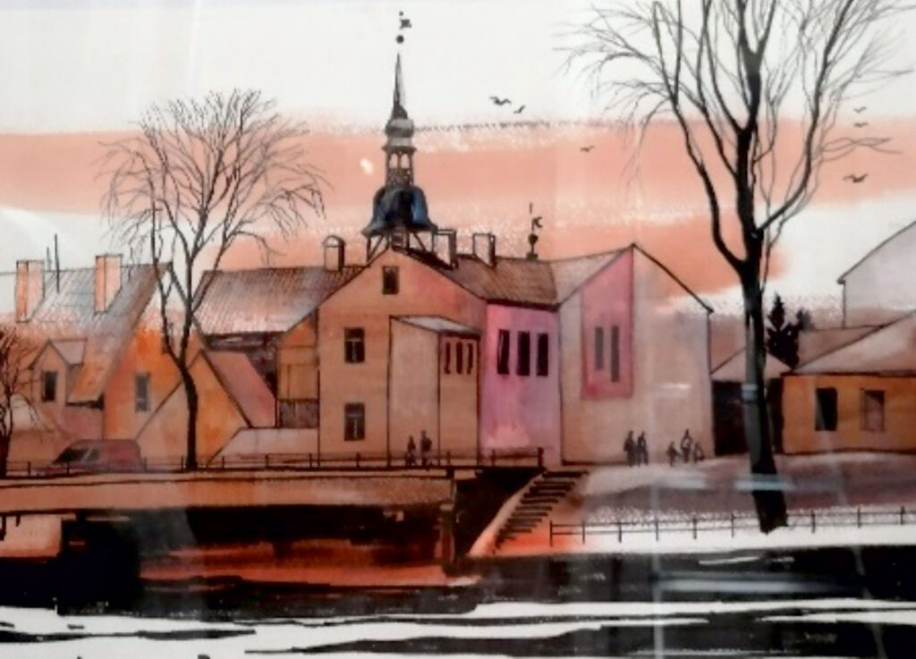 Ligita Caune. Tilts pār upi. 2018. Papīrs, akvarelis, tušas zīmējums. 50 x 70 cm. Bauskas muzejs. Skats pār Mēmeli no Rīgas puses.
