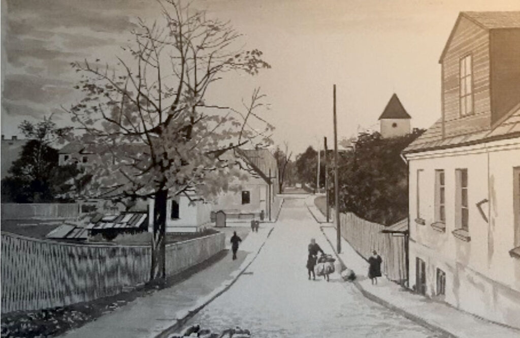 K. Vīgants. Bez nosaukuma. 20. gs. 60. gadi. Papīrs, tušas pludinājums. 86. lapa no albuma «Jelgava, Sidrabene, Mežotne, Bauska». Lapa 31 x 43 cm, attēls 23 x 34 cm. Bauskas pils muzejs.  Baznīcas iela.
