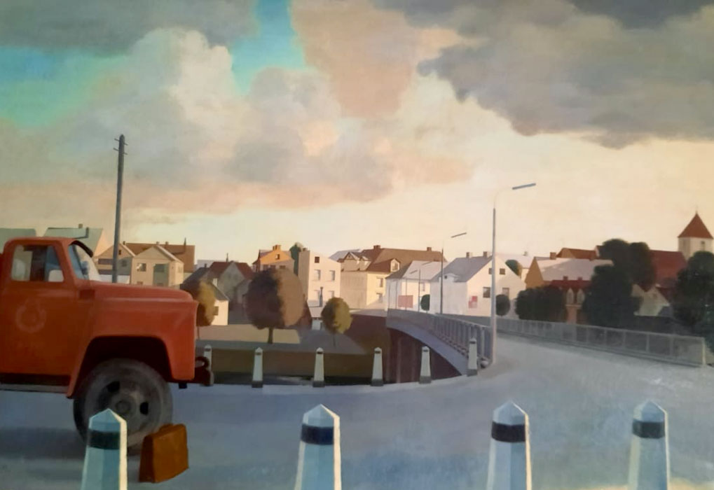 Imants Lancmanis. Bauska. 1967.  Audekls, eļļa. 66 x 195 cm. Latvijas Mākslinieku savienības muzejs. Skats pār Mēmeli no Rīgas puses.
